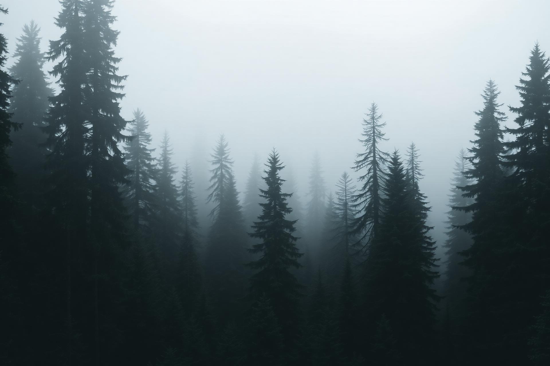 Bosque de pinos altos entre la niebla